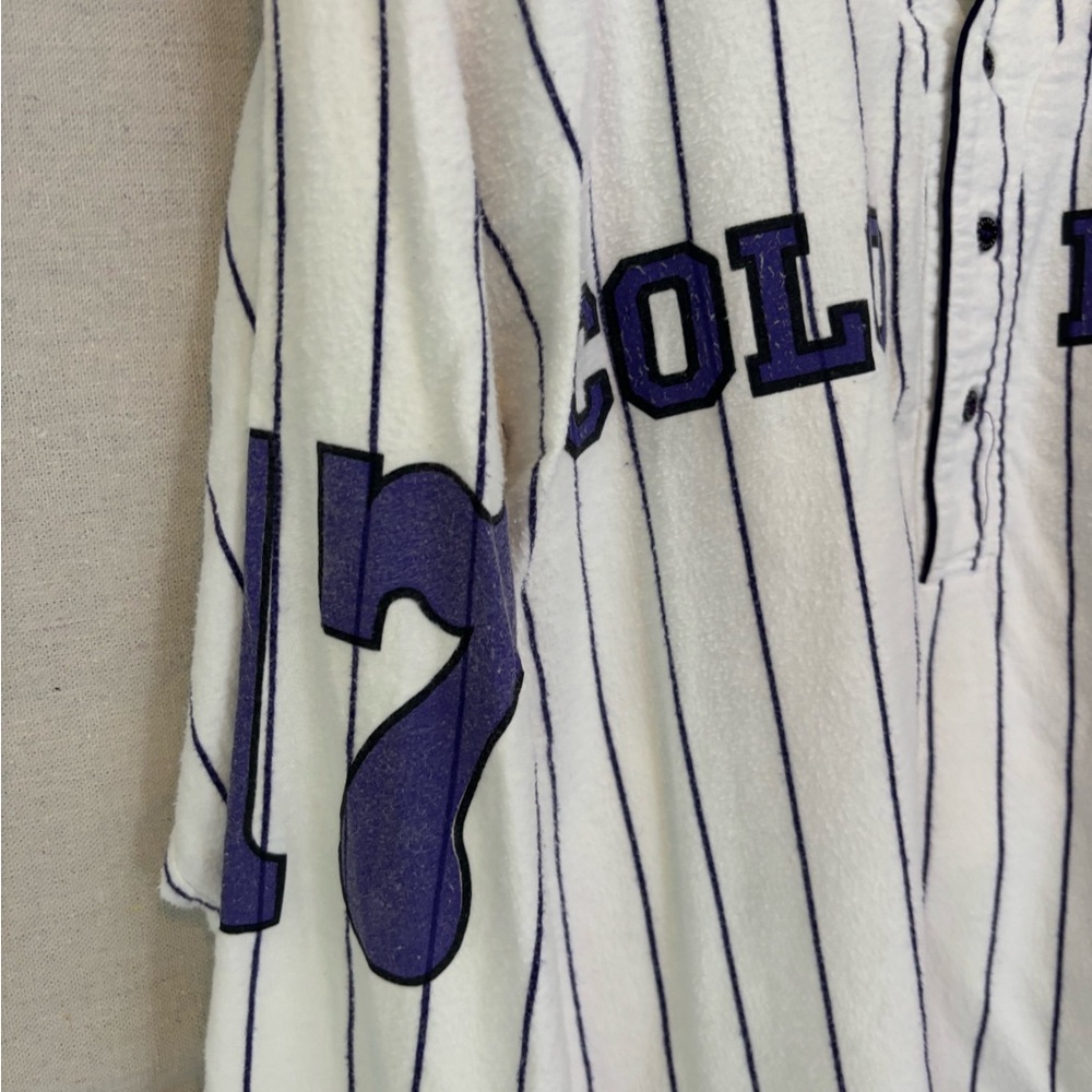 Vintage 90s White Purple Pin Stripe Colorado Rockies Flannel Pajamas ESleep XL - Picture 9 of 12